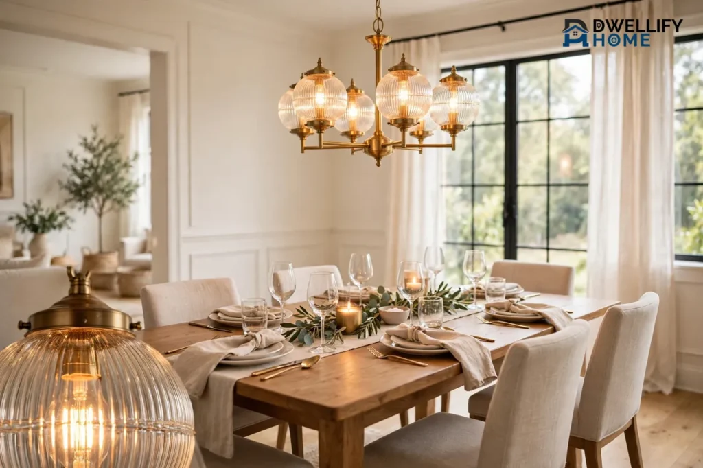 A warm dining room with a well-scaled brass and glass chandelier hanging over a set wooden dining table, with a magnified close-up of one glowing glass globe in the bottom-left corner