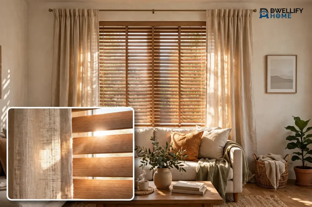 Interior window with layered curtains and wooden blinds in sunlight, with a light-filtering inset