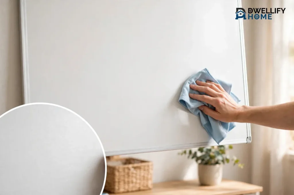 A single hand from the right edge wiping a large blank white whiteboard with a light blue microfiber cloth, with a circular inset of the clean board surface in the bottom left