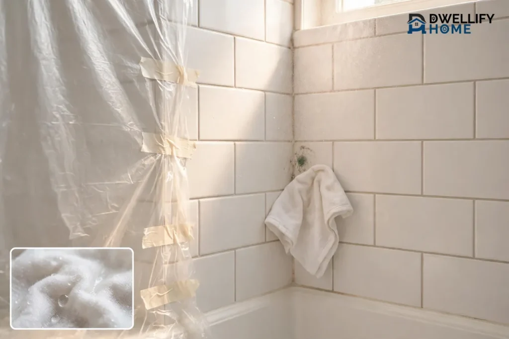 Contained mold patch with taped plastic sheeting, spray mist and damp cloth, with a damp-cloth inset