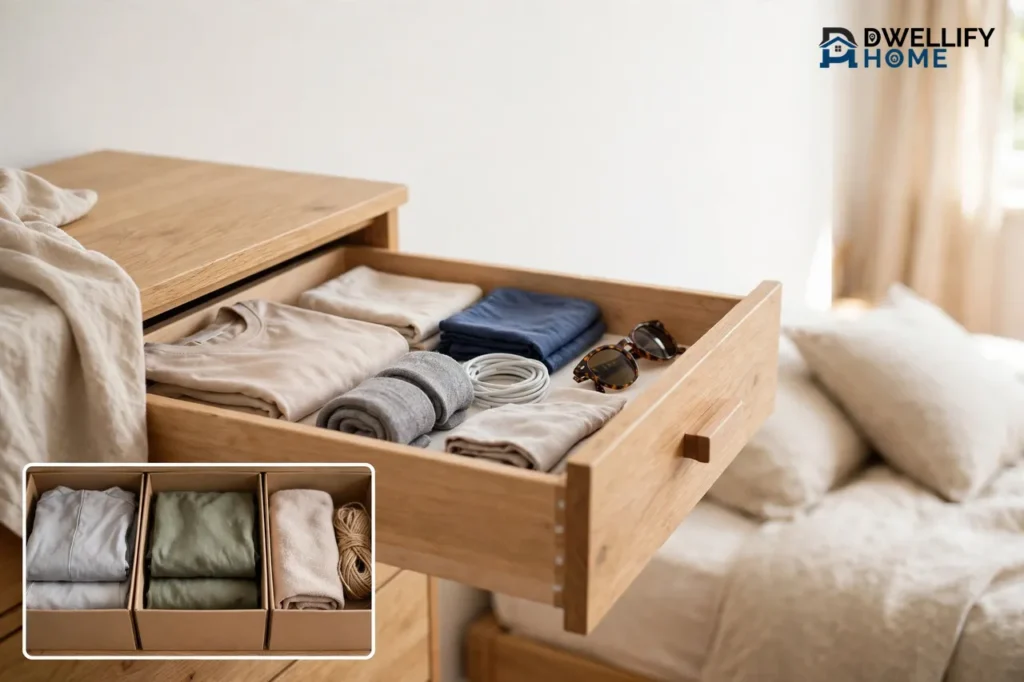 One tidy open drawer with folded clothes, with an unlabelled sorting-boxes inset