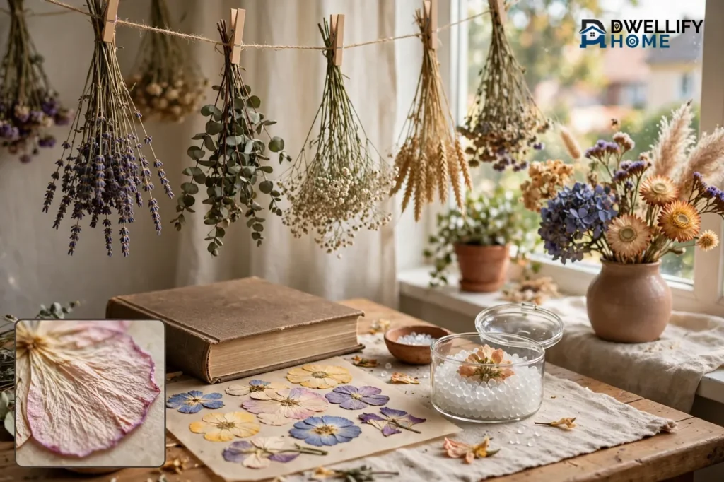 Flower-drying methods together by a sunny window: bunches hanging upside down, pressed flowers on paper beside a book, and a flower in a container of silica beads, with a magnified pressed flower inset in the bottom-left corner
