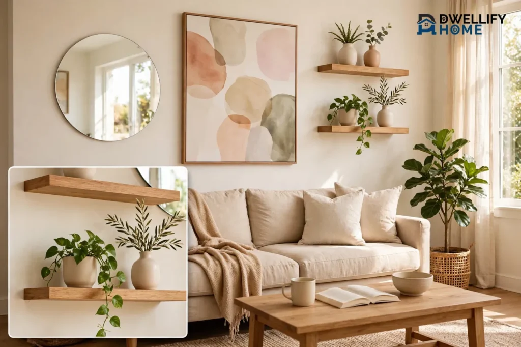 Living-room wall with large art, floating shelves and round mirror, with a shelf-styling inset