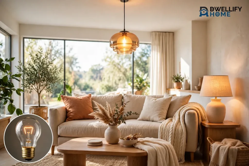 Bright warm living room with a glowing amber glass ceiling pendant light, and a magnified inset at the bottom left showing a lit light bulb in its socket