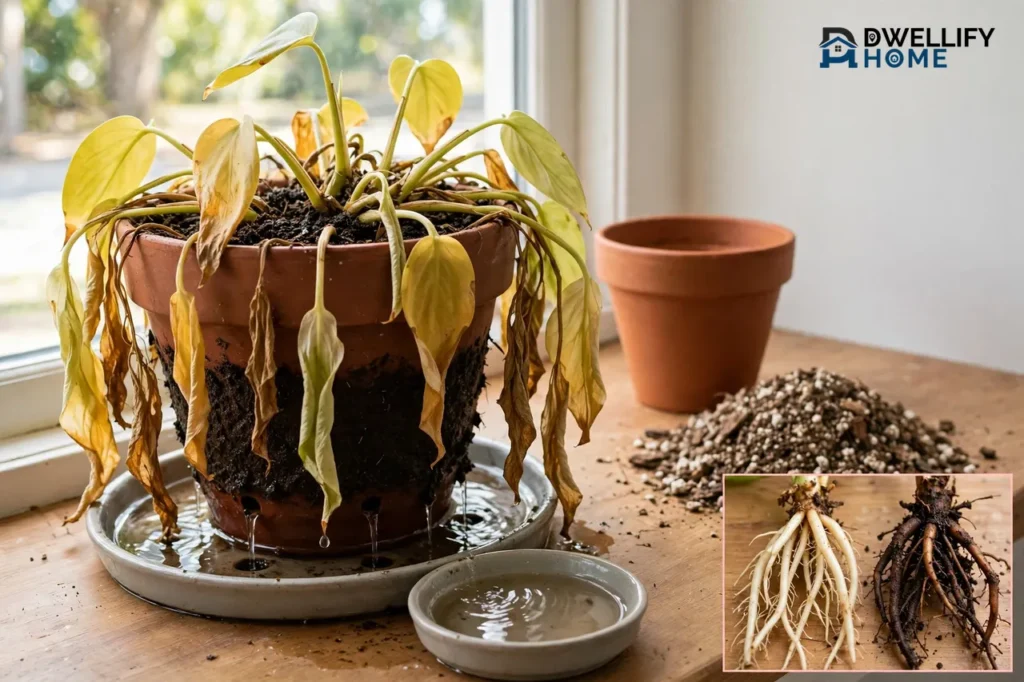 Drooping plant in dark wet soil draining into a saucer, spare pot and fresh mix beside it, inset of healthy versus damaged roots