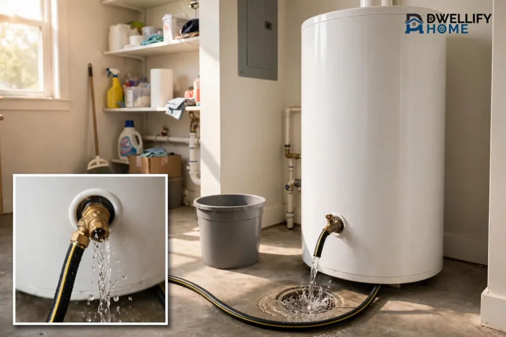 White tank water heater in a bright utility room with a hose draining water into a floor drain and a bucket nearby, with a close-up inset of the drain valve and water flowing