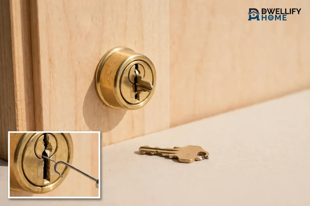 Door lock with broken key fragment and extractor hook inset