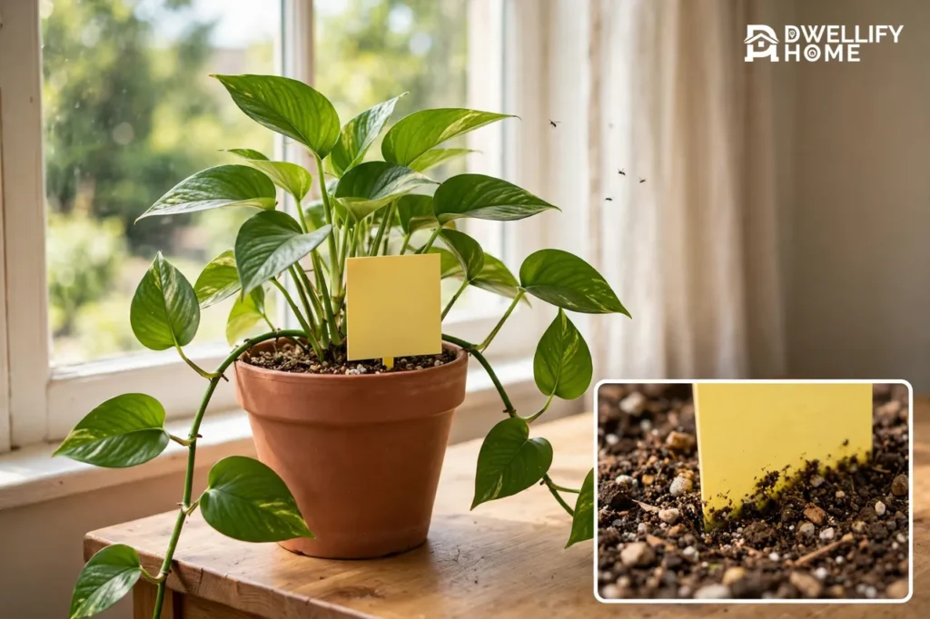 Potted pothos with a blank yellow sticky trap in the soil and a soil-surface inset