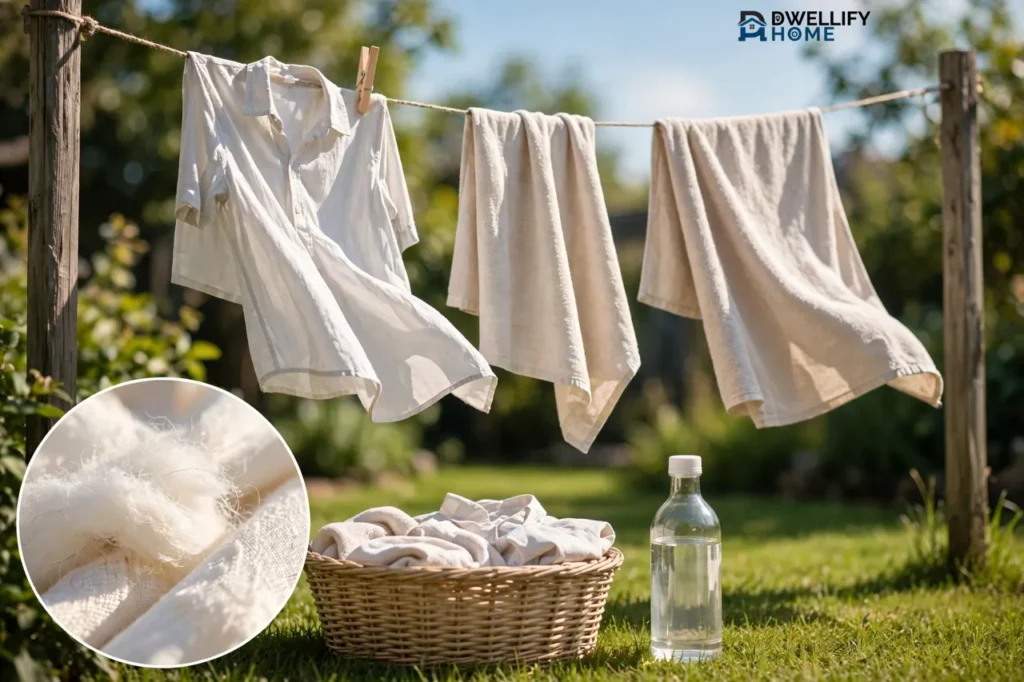 Freshly washed clean white shirts and towels drying on an outdoor clothesline in bright sunlight, with a laundry basket and a bottle of vinegar on the grass below and a magnified inset of clean sun-dried fabric