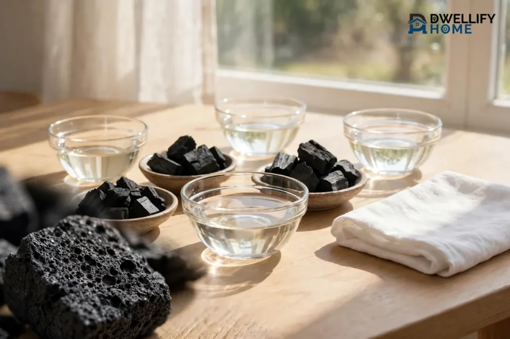Glass bowls of clear vinegar and small bowls of black activated charcoal arranged on a sunny wooden table beside a folded white cloth, with a close-up of porous charcoal in the foreground