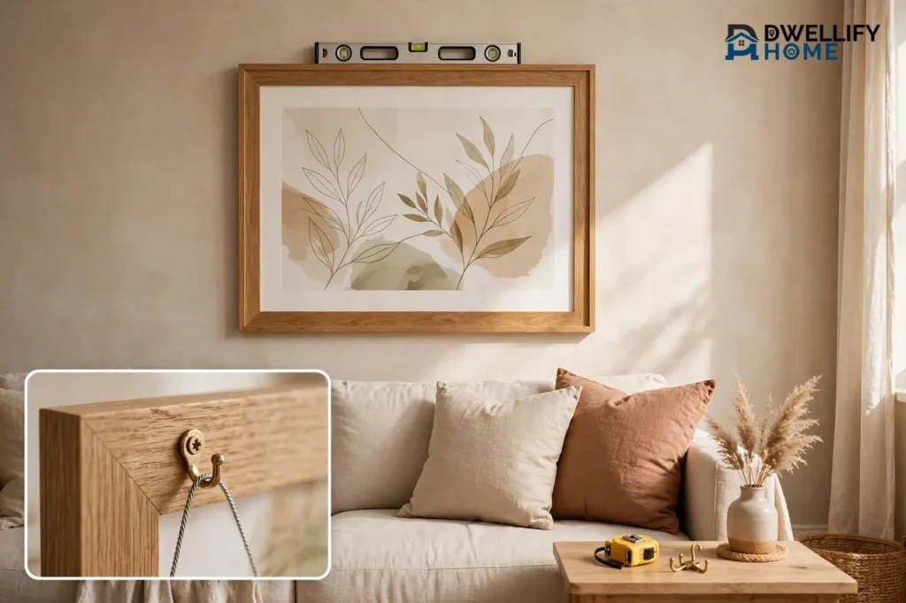Straight framed picture above a sofa with a spirit level on the frame, with a hook-and-wire inset
