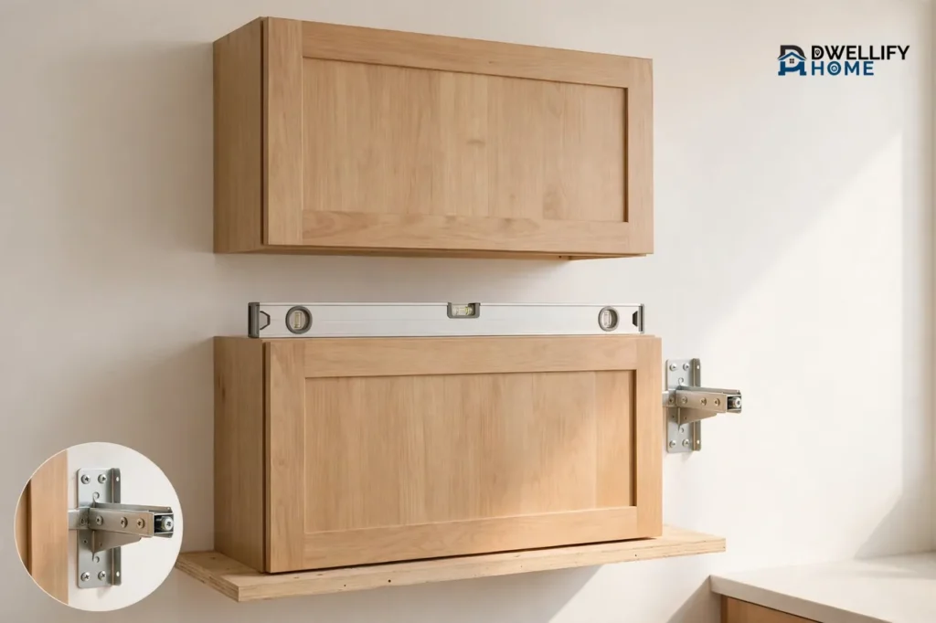 Light wood wall cabinets being mounted on a pale kitchen wall, one cabinet fixed in place and a second resting on a wooden ledger board with a spirit level on top, and a round magnified inset showing the metal mounting bracket and screws fixing a cabinet to the wall