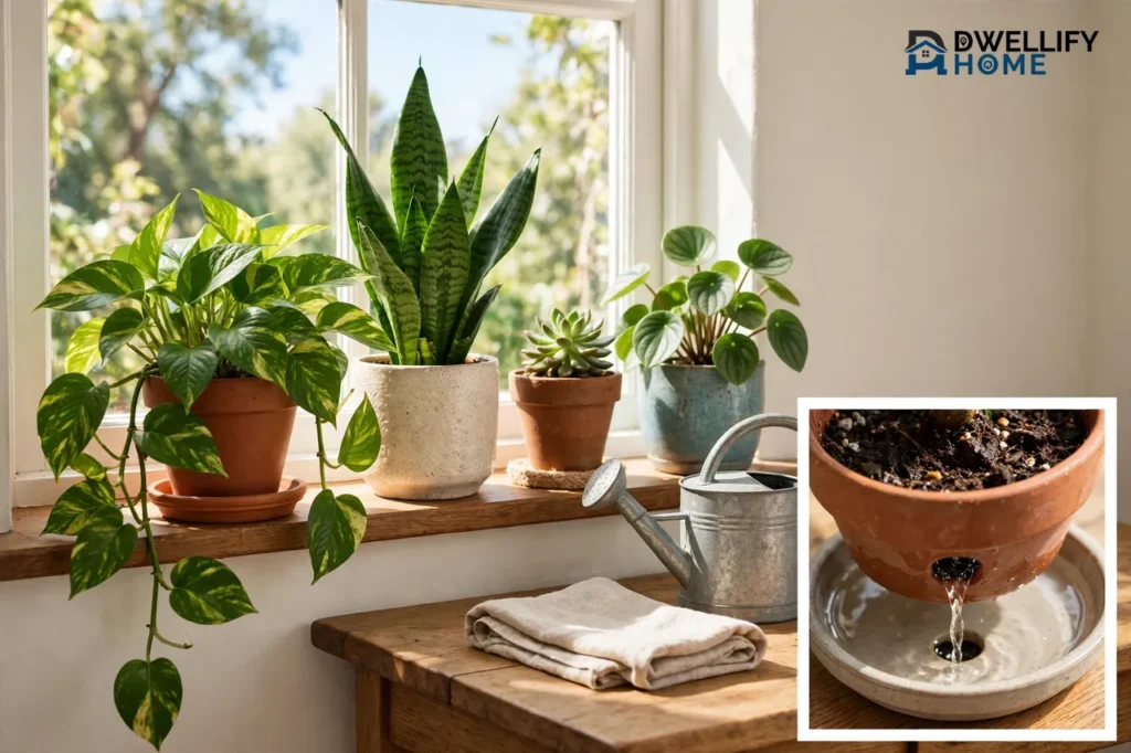 Healthy houseplants by a bright window with a watering can and a draining-pot inset