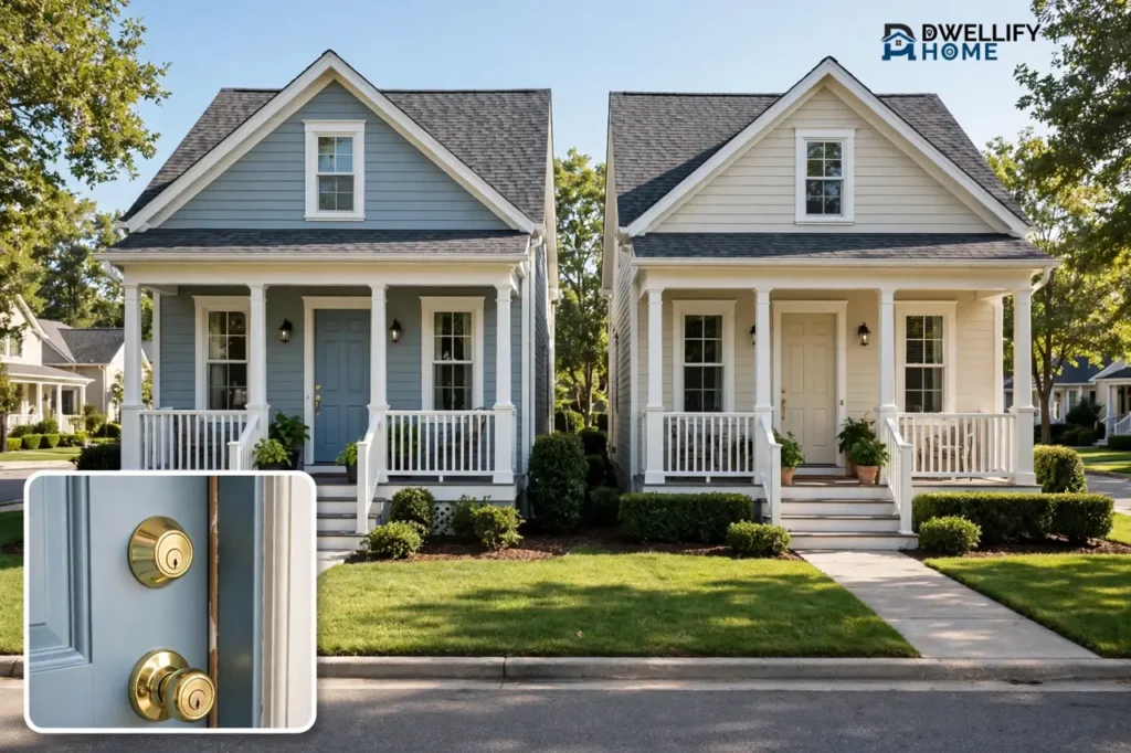 Two similar well-kept rental homes, with a door-lock detail inset