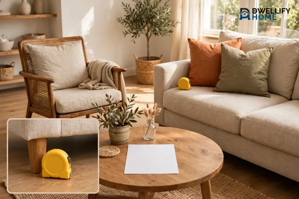 Bright living room with sofa and blank checklist sheet, with a tape-measure-case inset