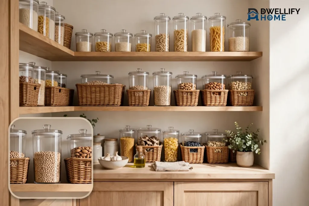 Neatly organized pantry shelves with clear unlabelled containers and woven baskets grouped by category, with a close-up inset of containers and baskets