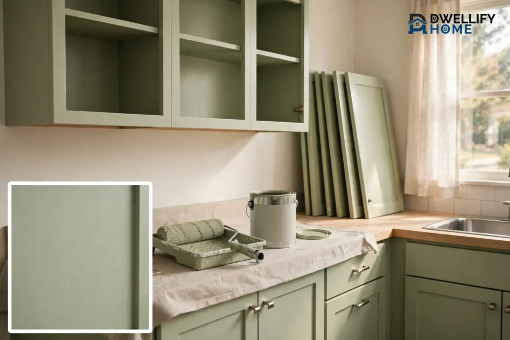 Freshly painted light sage green kitchen cabinets with removed doors leaning nearby and a paint roller tray and open paint can on a protected countertop, with a magnified close-up of the smooth painted finish in the bottom left corner