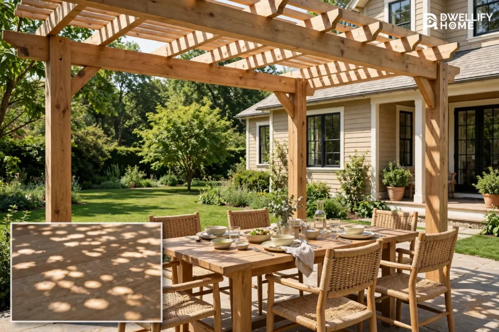 Wooden pergola over an outdoor dining table matched to the house, with a shade-pattern inset
