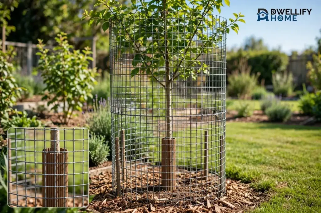 Young tree inside a tall wire-mesh cage with a trunk guard in a sunny garden