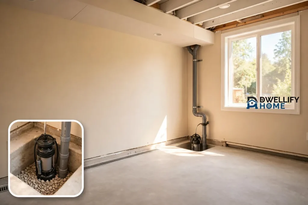 Bright dry basement with sump pump and floor drain, sump-pit inset