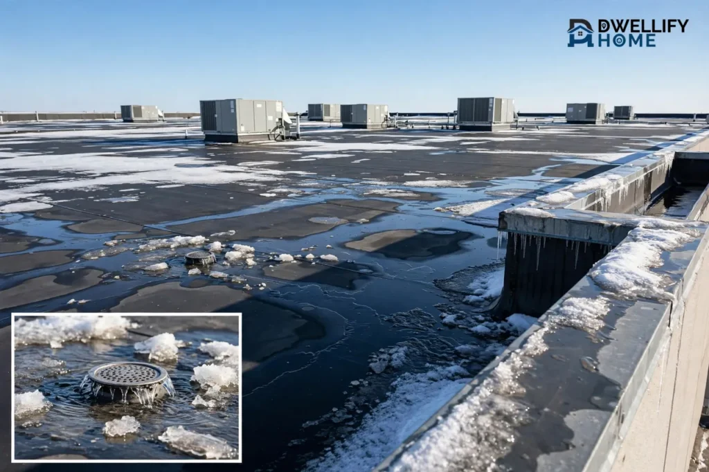 Flat commercial roof with HVAC units, melting snow and ponded water, with a close-up inset of a roof drain clearing meltwater at the bottom left