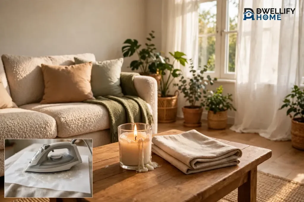 Bright living room with a lit candle and folded fabric on a coffee table, with a small inset showing an iron on absorbent paper over fabric