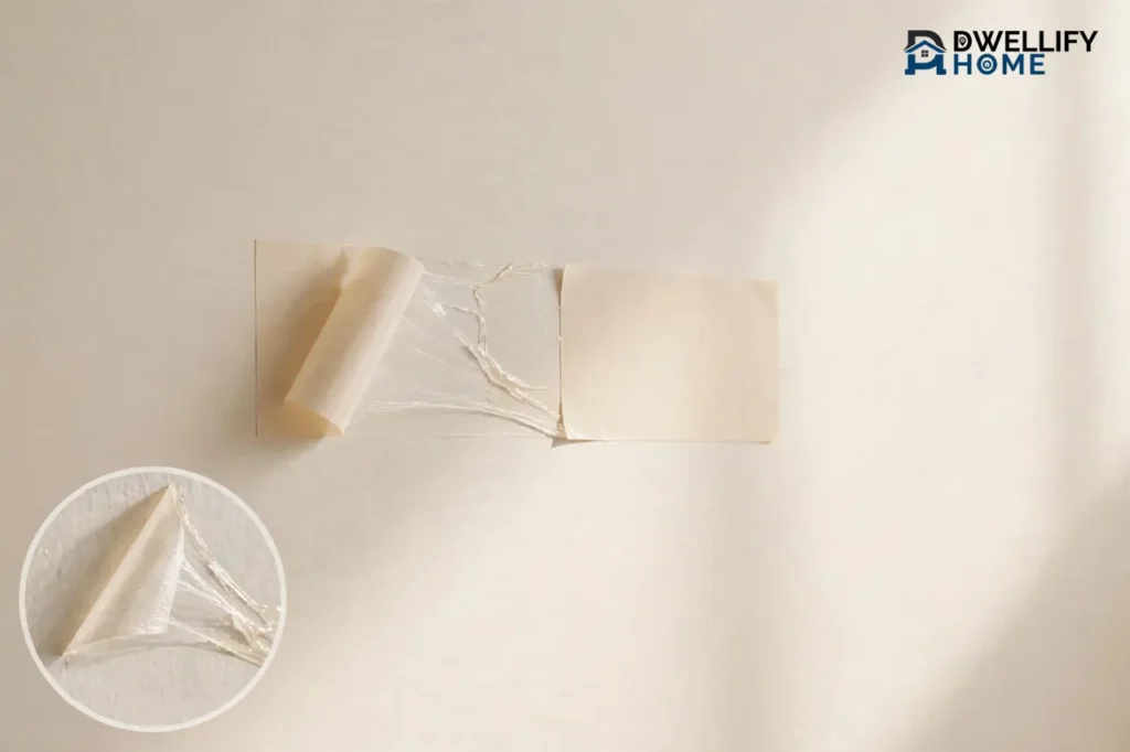 Tape peeling off a painted wall with sticky adhesive residue lifting cleanly, with a magnified close-up inset showing the residue coming away without damaging the paint