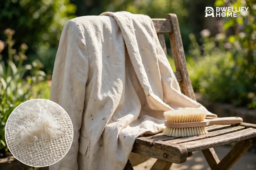 A light jacket with dark mold spots draped over a wooden chair outdoors in a sunny garden, with a soft brush beside it and a magnified inset showing mold lifting from fabric fibers