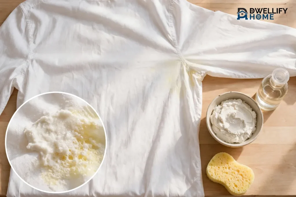 A white shirt laid flat with a yellow sweat stain at the underarm, beside a bowl of baking soda paste, a bottle of vinegar and a sponge, with a magnified inset of the paste lifting the yellow stain from the fabric