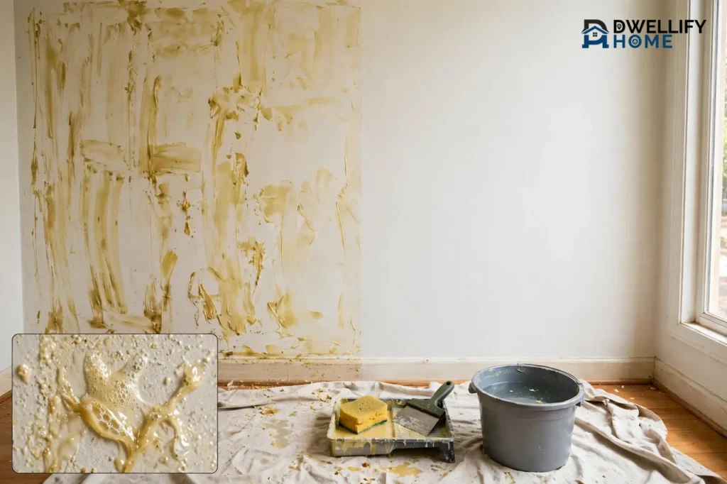 Wall half-covered in yellowish wallpaper paste residue next to a clean smooth section, with a sponge, scraper and bucket below, and a magnified inset of dissolving paste in the bottom-left corner