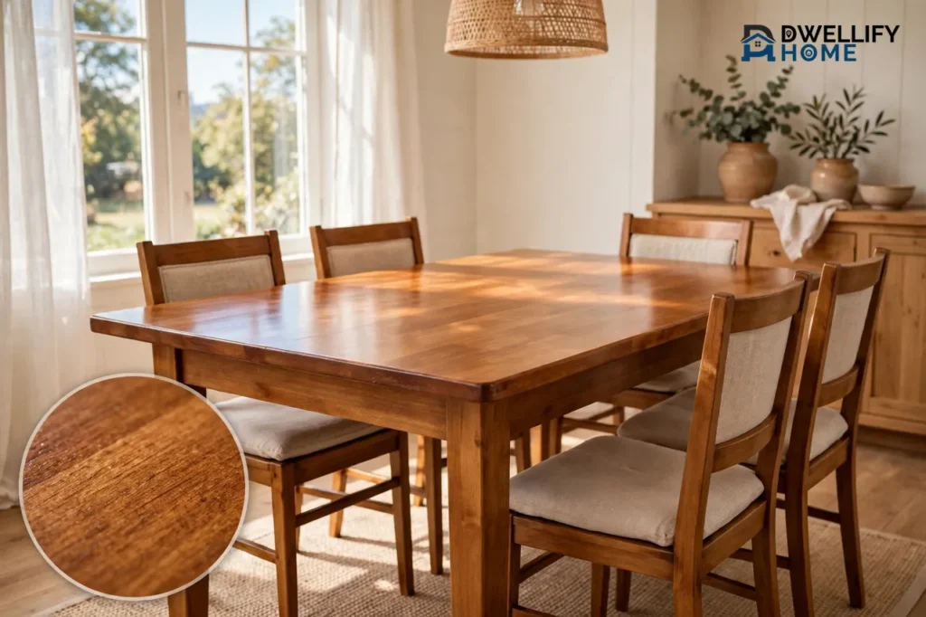 Restored solid wooden dining table with a warm stained top in a bright dining room, with a close-up inset of smooth satin wood grain