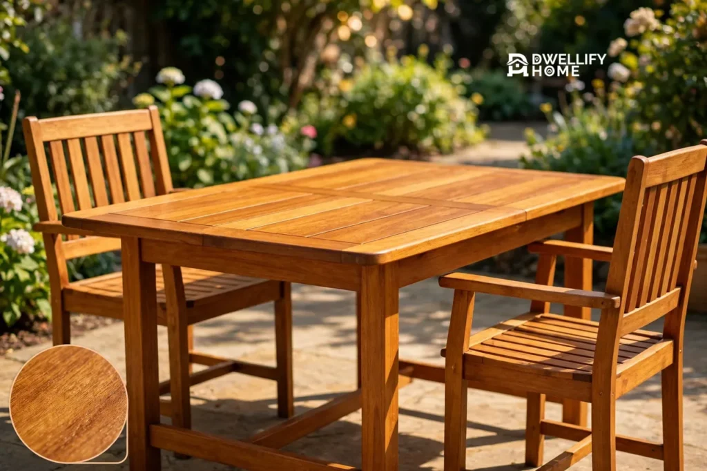 Restored golden-brown teak patio furniture set in a sunny garden, with a close-up inset of oiled teak grain