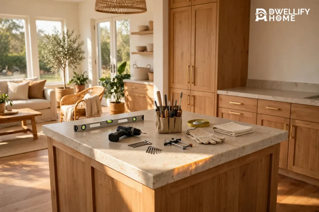 Finished bright renovated kitchen and living space with professional tools, a level, drill, and work gloves neatly arranged on the new stone island