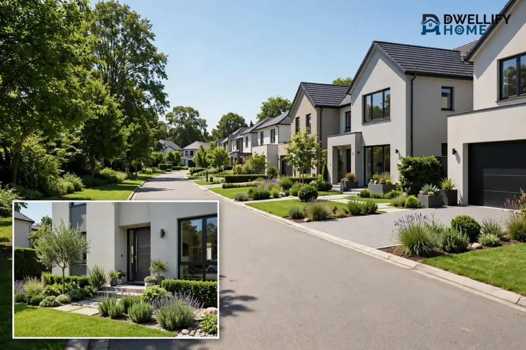 Row of well-kept modern homes on a street, with a front-garden inset