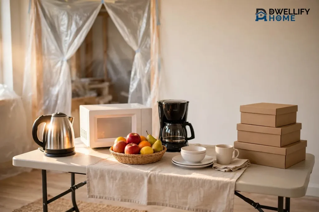 Cheerful temporary mini-kitchen on a folding table with kettle, microwave and storage boxes, and a plastic dust barrier over the kitchen doorway