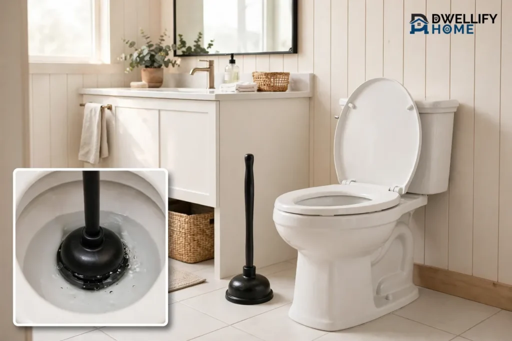 Clean bright bathroom with a plunger beside the toilet, plunger seal inset