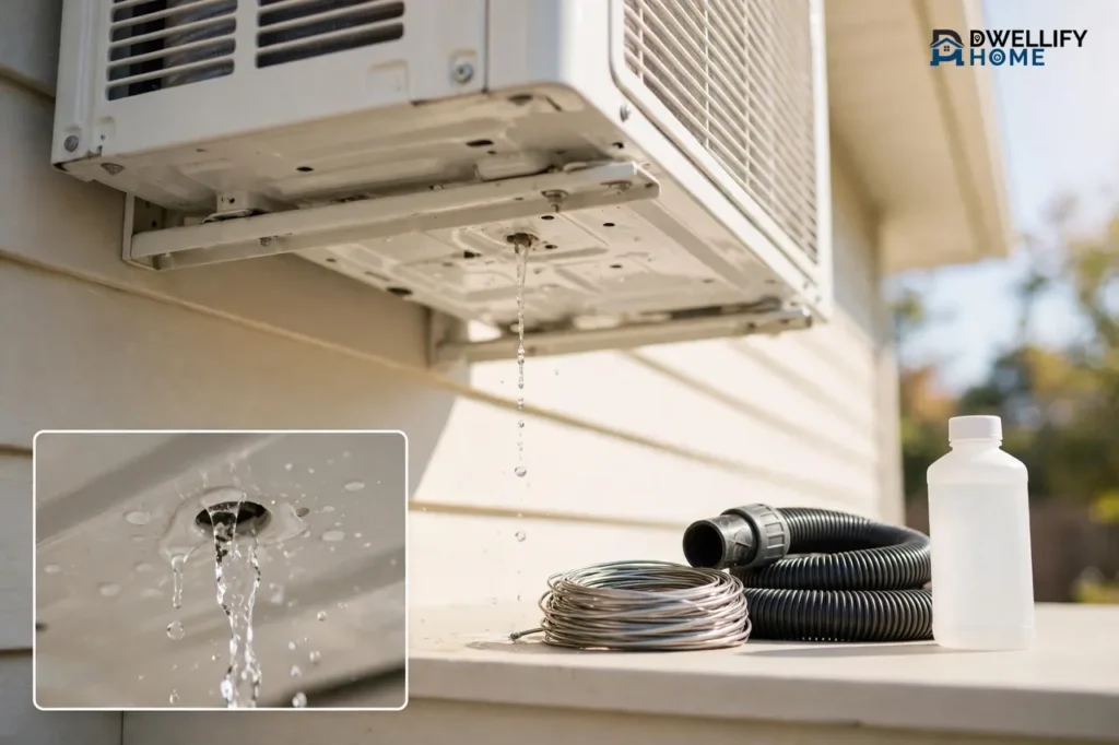 Window unit rear underside with water dripping outside and a drain-hole inset