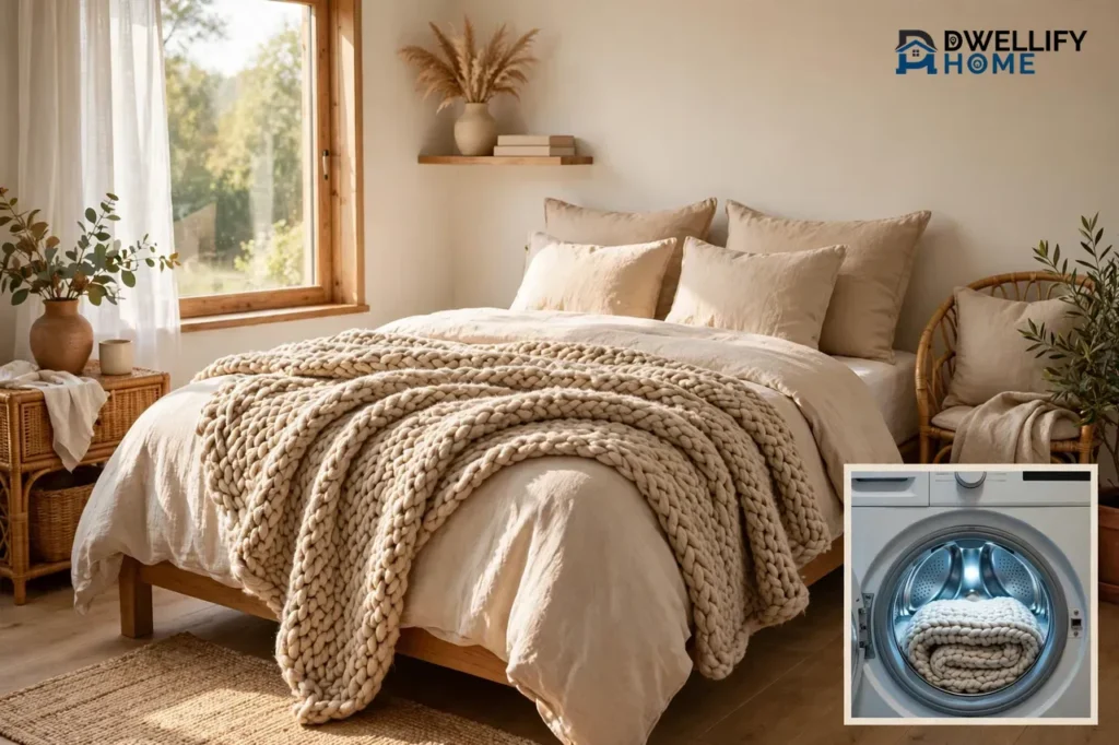 Bright cozy bedroom with a thick weighted blanket draped on the bed, with a small inset showing the folded blanket inside a washing machine drum