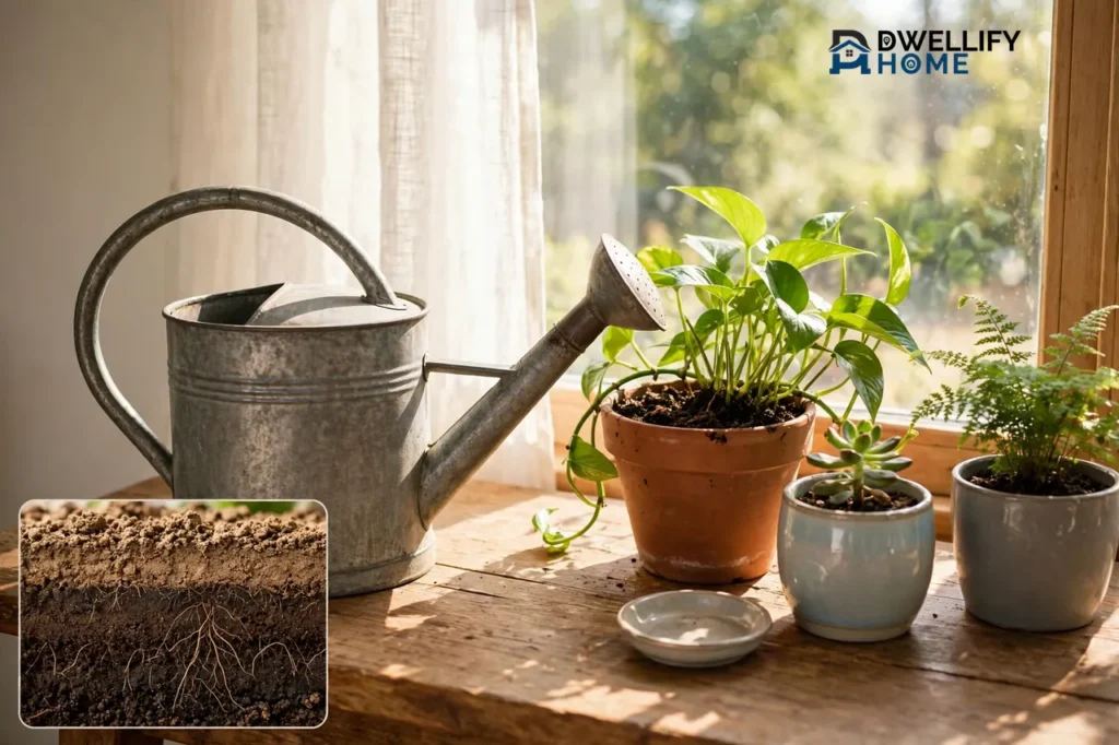Galvanised watering can beside potted houseplants at a sunny window, with a moist-soil inset