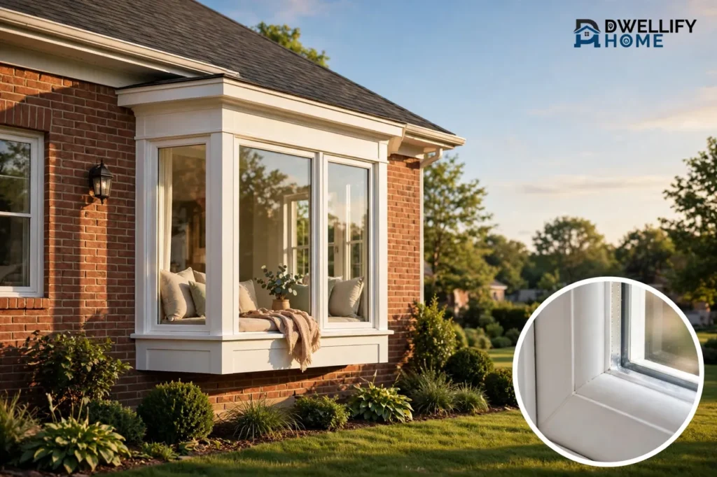 White vinyl bay window with a window seat on a brick home exterior, frame and seal inset