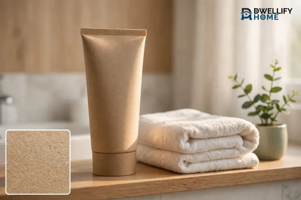A plain blank kraft paper tube standing on a bathroom shelf beside folded white towels and a small green plant, with a close-up inset of the plain paper texture