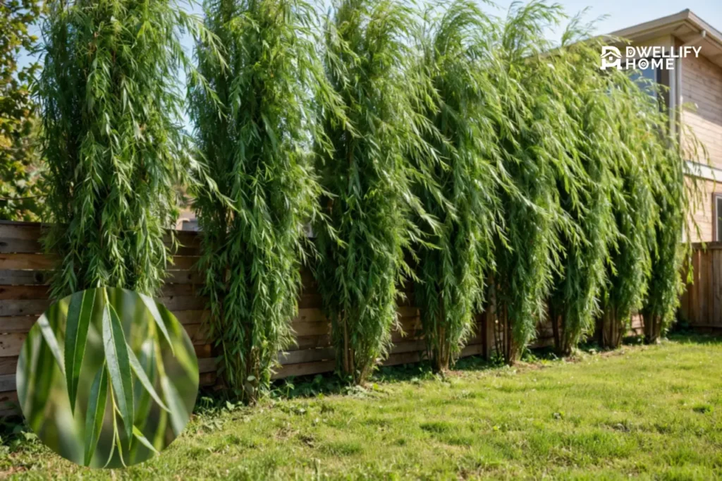 Tall hybrid willow trees forming a lush privacy screen along a fence, with a close-up inset of slender willow leaves