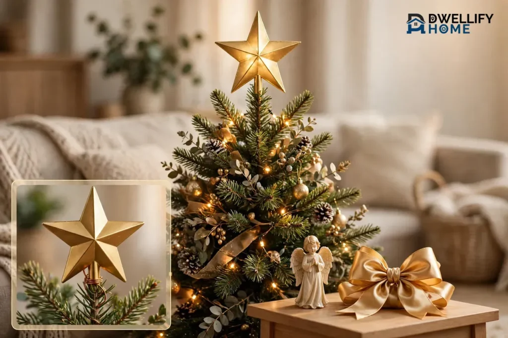 Christmas tree with a gold star topper and gold ribbon in a living room
