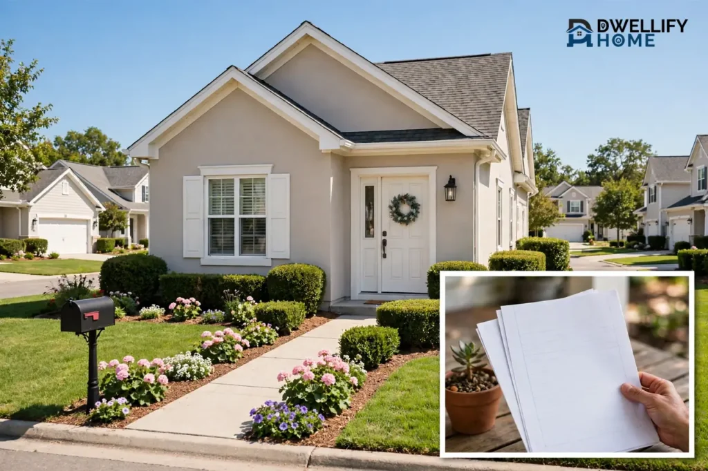 Neat suburban front yard with lawn shrubs walkway and mailbox, blank guideline papers inset
