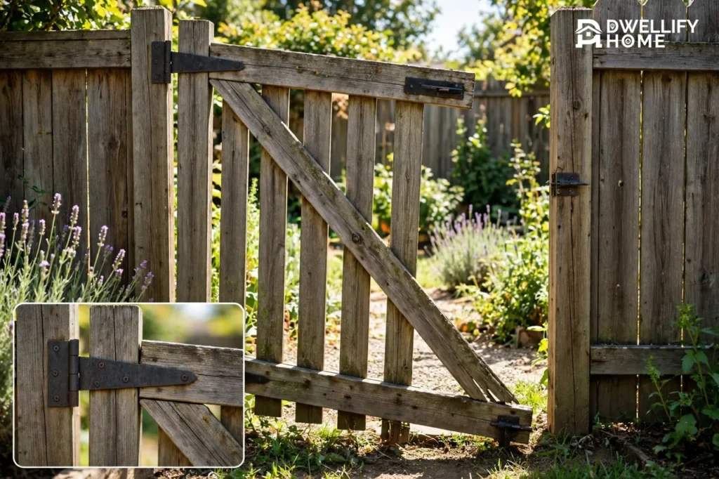 A sagging wooden garden gate drooping away from its latch post in a sunny backyard, with a close-up inset of its hinge and diagonal brace