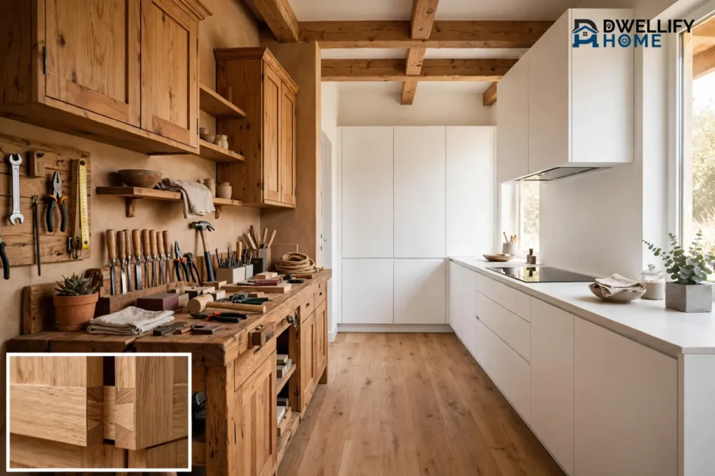 Warm independent workshop-kitchen beside a polished uniform showroom kitchen, with a joinery inset