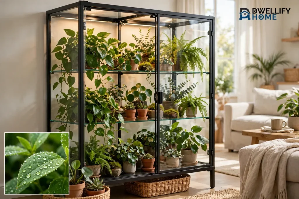 Glass indoor greenhouse cabinet full of thriving plants, with a water-droplet leaf inset