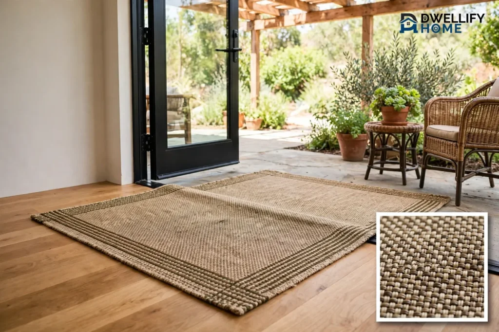 A durable woven rug lying across a covered patio doorway threshold, half on indoor wood flooring and half on the outdoor patio, with a magnified inset showing the rug's tight flat woven texture