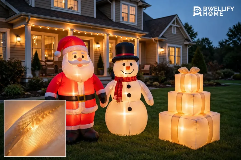 Glowing inflatable Santa, snowman and gift boxes on a front lawn at dusk