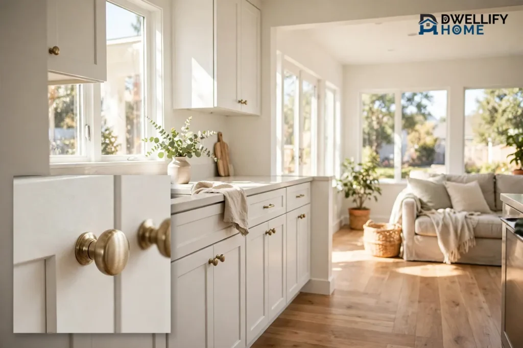 A bright, freshly renovated white kitchen opening into a sunny living room with wood floors, and a close-up inset at the bottom left showing a new brass cabinet knob on a freshly painted door.